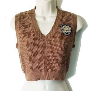 School Girl Academic Cropped V-Neck Cable-Knit Sweater Vest S Tan